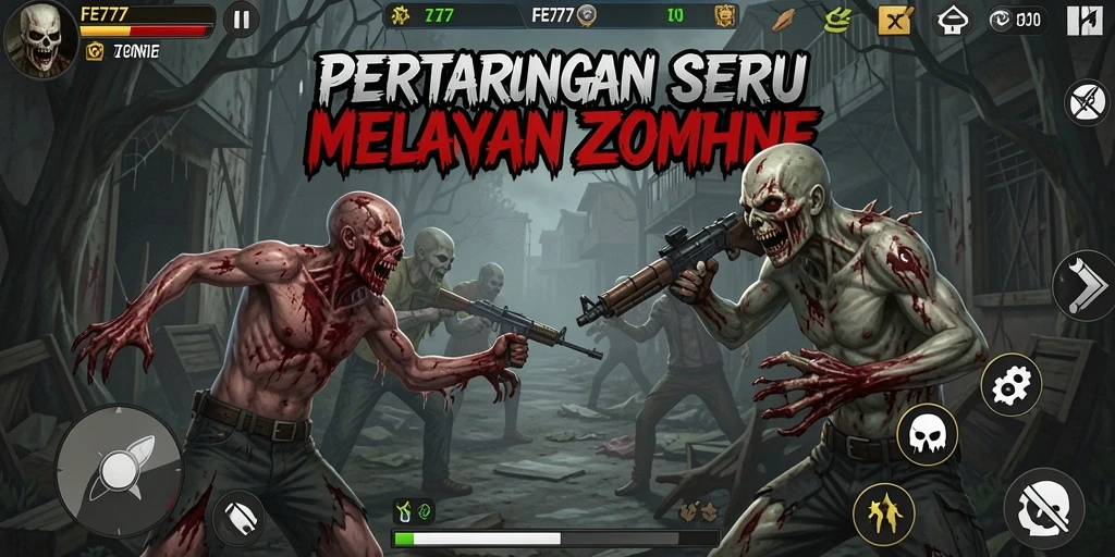 Antarmuka FE777 dengan grafis menakjubkan saat membasmi zombie.