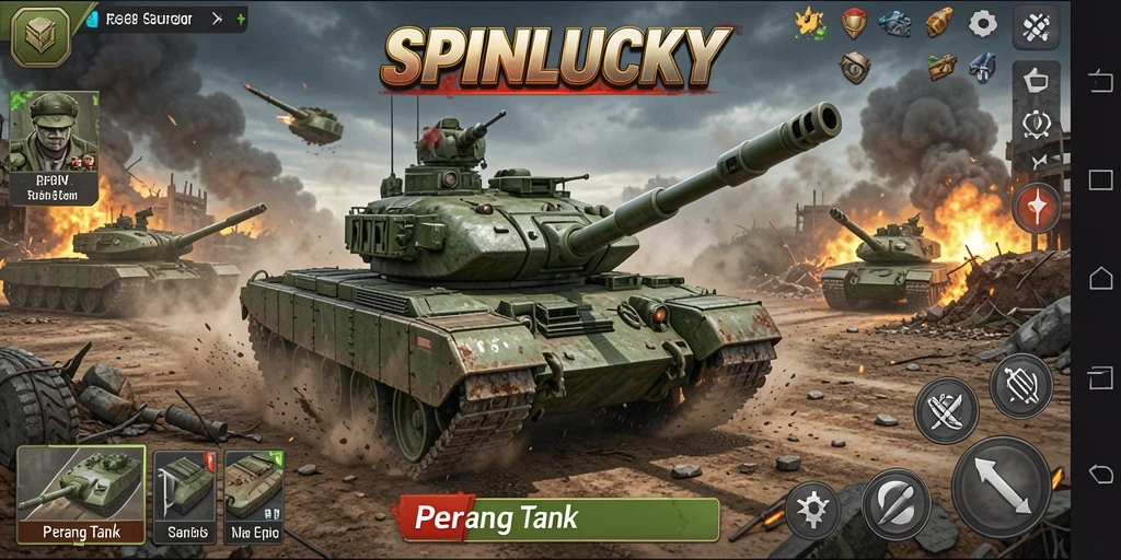 Antarmuka gameplay SPINLUCKY yang menampilkan tank dalam aksi.