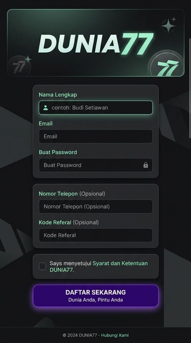 Tampilan halaman daftar dunia77