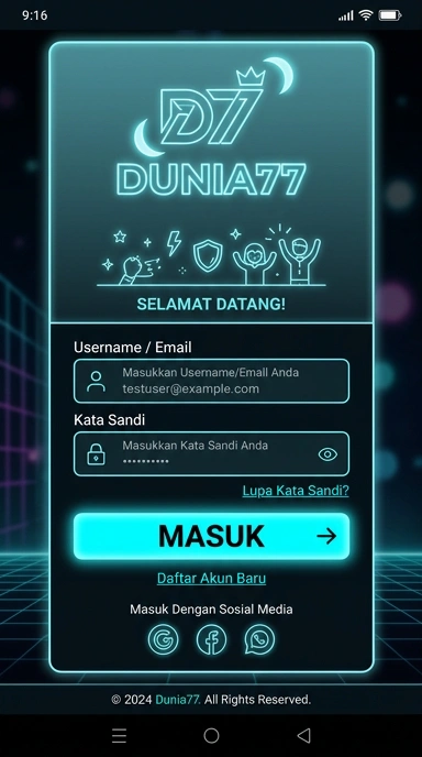 Tampilan halaman login dunia77